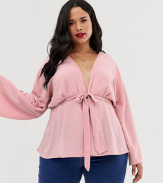 Розовая блузка с глубоким вырезом и поясом Boohoo Plus - Розовый