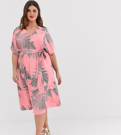 Чайное платье миди с завязкой на талии и пальмовым принтом Glamorous Curve - Розовый