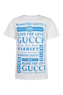 Белая футболка с голубыми надписями Gucci Kids