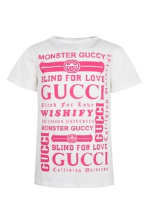 Белая футболка с розовыми надписями Gucci Kids