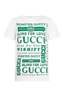 Белая футболка с зелеными надписями Gucci Kids