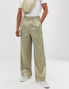 Атласные блестящие строгие брюки с широкими штанинами оливкового цвета ASOS DESIGN - Зеленый