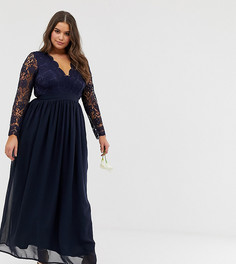Платье макси с длинными рукавами и отделкой кроше Club L Plus bridesmaid - Темно-синий
