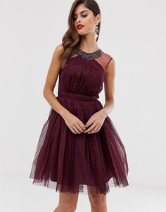 Короткое приталенное платье с отделкой у ворота и сетчатой вставкой Little Mistress - Фиолетовый