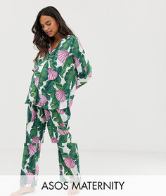 Пижама с брюками из 100% модала с пальмами и ракушками ASOS DESIGN Maternity - Мульти