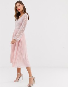 Плиссированное платье миди с длинными рукавами и отделкой на лифе Frock & Frill - Розовый