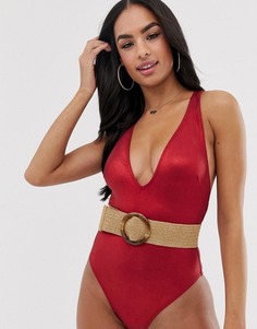 Слитный купальник с глубоким вырезом и поясом ASOS DESIGN - Красный