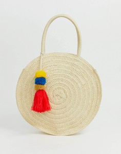 Структурированная соломенная пляжная сумка с помпоном и кисточкой South Beach - Кремовый