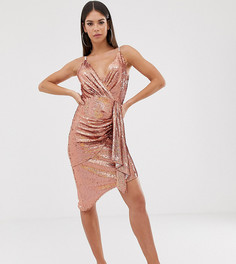 Платье мини с пайетками цвета розового золота и запахом TFNC Tall - Золотой