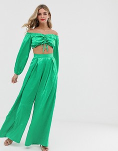 Зеленые атласные жаккардовые брюки с завышенной талией Twisted Wunder - Зеленый