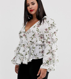 Белая блузка с оборками на рукавах и цветочным узором PrettyLittleThing Plus - Мульти