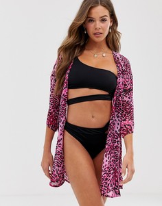 Розовое пляжное кимоно с леопардовым принтом Influence - Мульти