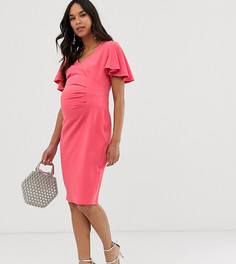Коралловое трикотажное платье миди с запахом и короткими рукавами Blume Maternity - Розовый