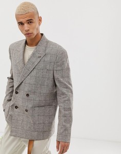 Коричневый двубортный oversize-блейзер на основе льна в клетку ASOS DESIGN - Коричневый