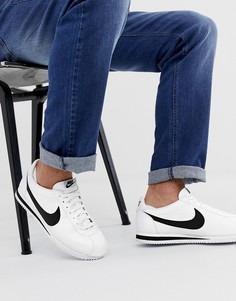 Белые кожаные кроссовки с черной галочкой Nike Cortez - Белый