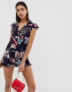 Ромпер с запахом и цветочным принтом AX Paris - Темно-синий