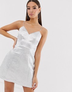 Серебристое блестящее приталенное жаккардовое платье мини The Girlcode - Серебряный