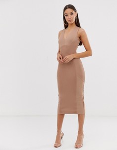 Серо-коричневое платье мини с глубоким вырезом The Girlcode - Коричневый