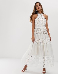 Платье с кружевными вставками и высоким воротом Forever U - Белый