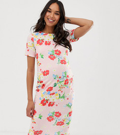 Бежевое трикотажное облегающее платье с цветочным принтом Blume Maternity - Розовый