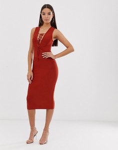 Красно-бурое бандажное платье с поясом The Girlcode - Коричневый