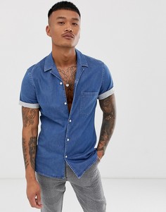 Выбеленная эластичная приталенная джинсовая рубашка с отложным воротником ASOS DESIGN - Синий