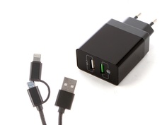 Зарядное устройство DF Tor-03 2xUSB QC 3.0 Smart Charge + Кабель MicroUSB/Lightning
