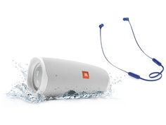 Колонка JBL Charge 4 White + наушники T110BT Blue