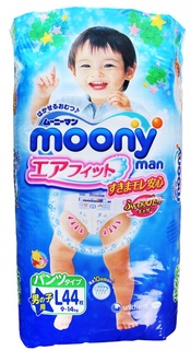 Подгузники Moony Unicharm L 9-14кг 44шт для мальчиков 4903111183418 / 4903111184330