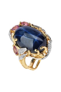 Золотое кольцо с бриллиантами, аметистами и звездчатым сапфиром Кремлевские Мастера