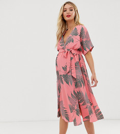 Чайное платье миди с завязкой и пальмовым принтом Glamorous Bloom - Розовый