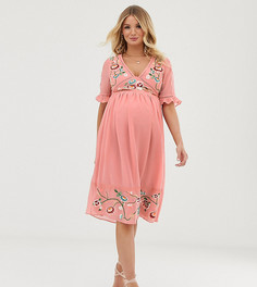 Платье миди с вышивкой и кружевной отделкой ASOS DESIGN Maternity - Розовый