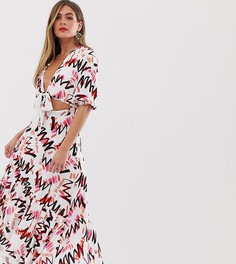 Асимметричное платье миди с абстрактным принтом и завязкой Dark Pink - Мульти