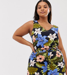 Льняной ромпер с тропическим принтом Vero Moda Curve - Темно-синий