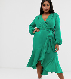 Зеленое атласное платье миди с запахом Flounce London Plus - Зеленый