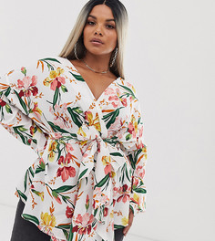 Белая блузка с цветочным узором и завязкой PrettyLittleThing Plus - Мульти
