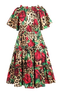 Платье с леопардовым и цветочным принтом Dolce&Gabbana Children