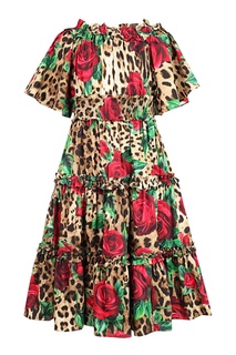 Платье с леопардовым и цветочным принтом Dolce&Gabbana Children