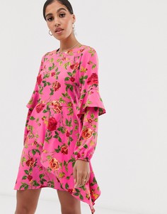 Платье мини с длинными рукавами и принтом роз Signature 8 - Розовый
