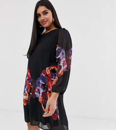 Свободное платье-туника с акварельным цветочным принтом Yumi Plus - Черный