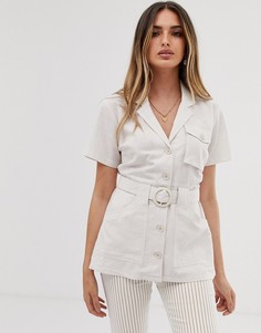 Рубашка в стиле милитари с короткими рукавами и поясом ASOS DESIGN - Белый