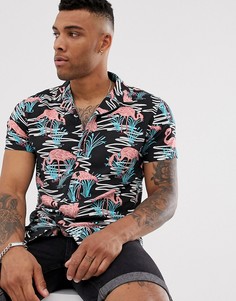 Рубашка с воротником в виде лацканов и принтом фламинго Urban Threads - Черный