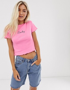 Розовая футболка с надписью Lucky New Look - Розовый