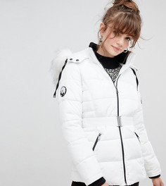 Дутое пальто с искусственным мехом и поясом New Look - Белый