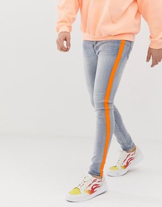 Супероблегающие джинсы с неоново-оранжевой лентой Sixth June - Синий