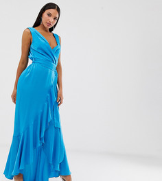 Атласное платье мидакси цвета морской волны с запахом Flounce London Tall - Синий