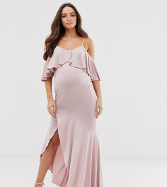 Розовато-лиловое атласное эластичное платье миди с открытыми плечами и оборками Flounce London Maternity - Фиолетовый