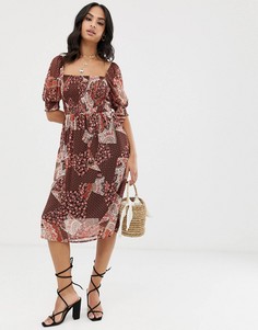 Платье миди с квадратным вырезом и принтом Vila - Коричневый