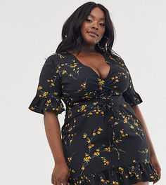 Черное приталенное платье с цветочным принтом и корсетной отделкой на талии PrettyLittleThing Plus - Мульти