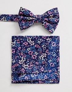 Темно-синий галстук-бабочка и платок для пиджака с цветочным принтом ASOS DESIGN - Wedding - Темно-синий